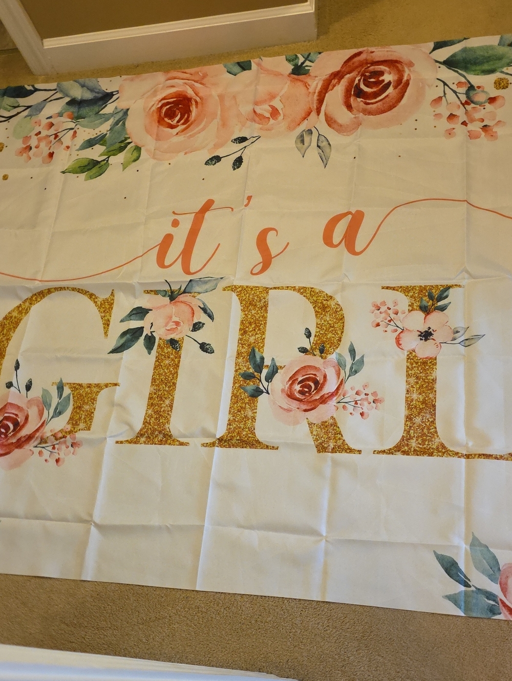 'It's a GIRL' Floral Backdrop Banner Pink & Gold New